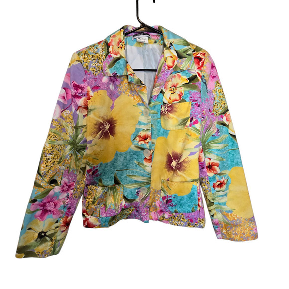 Leslie Fay Floral Cotton-Blend Blazer Size 8 Vibrant Print Button-Up Jacket - Picture 1 of 7